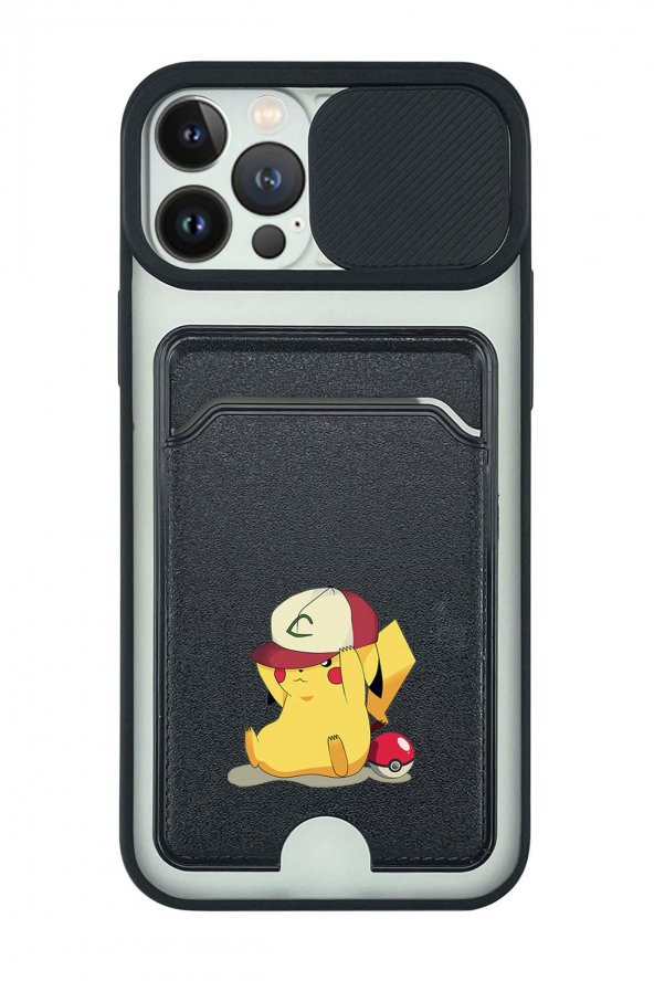 iPhone 13 Pro Max Uyumlu Pokemon Desenli Kamera Korumalı ve Kartlıklı Telefon Kılıfı