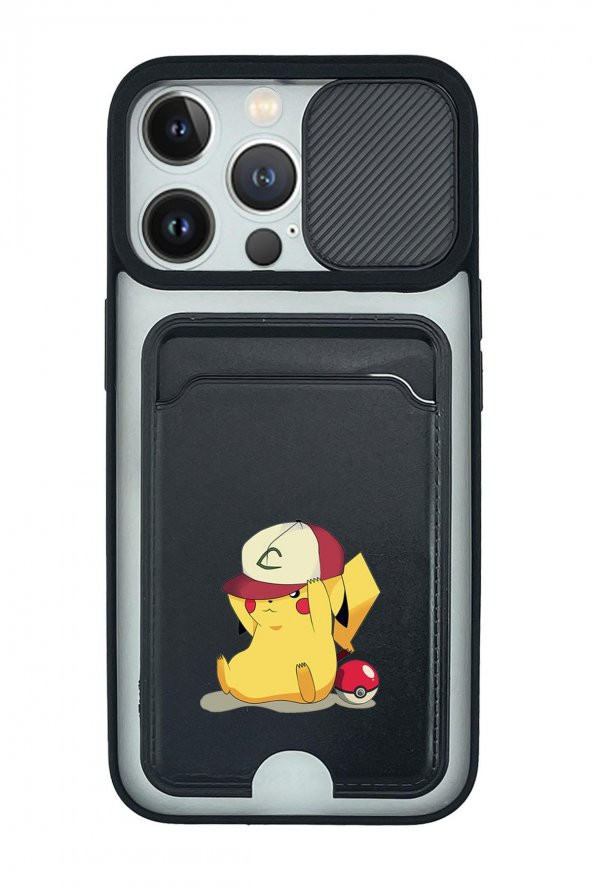 iPhone 13 Pro Uyumlu Pokemon Desenli Kamera Korumalı ve Kartlıklı Telefon Kılıfı
