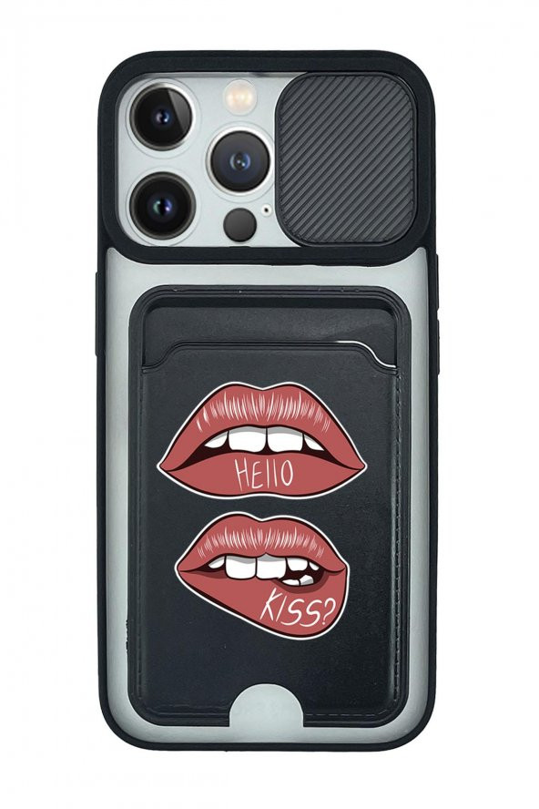 iPhone 13 Pro Uyumlu Hello Kiss Desenli Kamera Korumalı ve Kartlıklı Telefon Kılıfı
