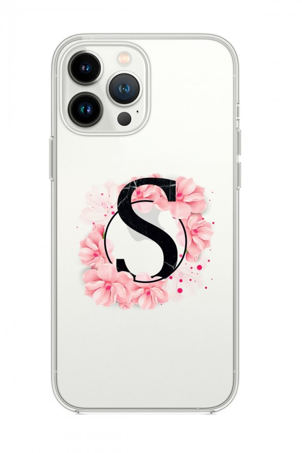 Iphone 13 Pro Max Pembe Çiçek Desen S Harfli Premium Şeffaf Silikon Kılıf