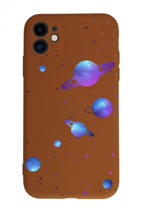 iPhone 11 Galaxy And Stars Kamera Korumalı Kahverengi Lansman Kılıf Premium Silikonlu