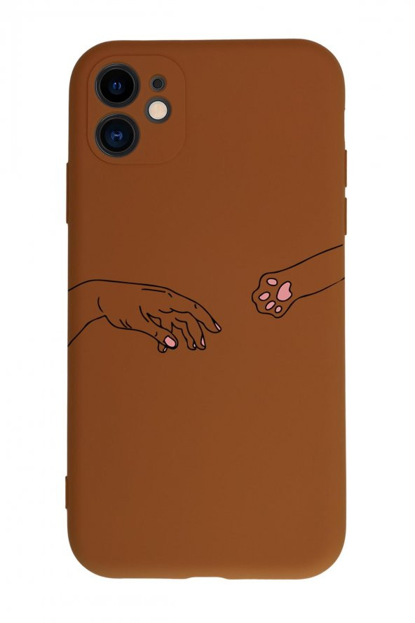 iPhone 11 Hand and Paw Kamera Korumalı Kahverengi Lansman Kılıf Premium Silikonlu