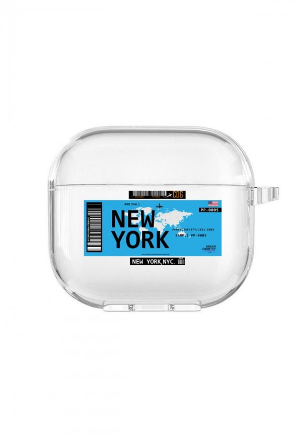 Apple AirPods 3. Nesil Uyumlu New York Desenli Premium Silikonlu Şeffaf Airpods Kılıfı