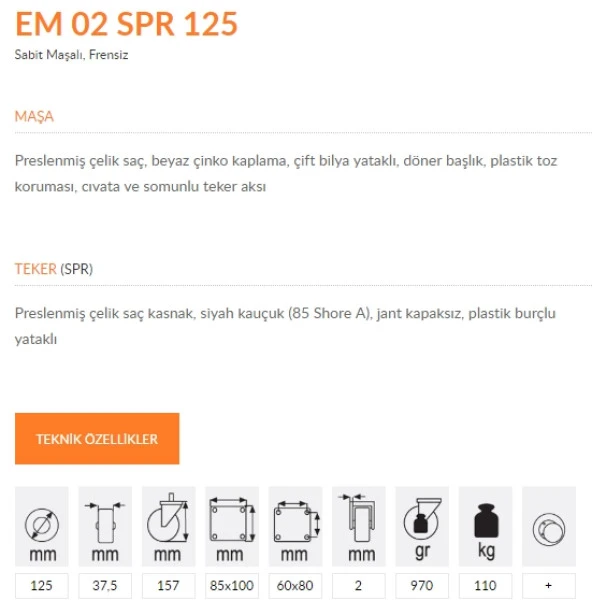 Emes EM02 SPR 125 Sabit Maşalı Frensiz Teker 125 mm 110 Kg - Resim 2