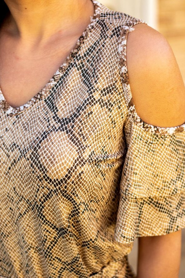 Sarı Açık Omuz Yılan Desen Esnek Viskon Bluz Şalvar Kadın Alt Üst Takım 22KAUTYILN - 4