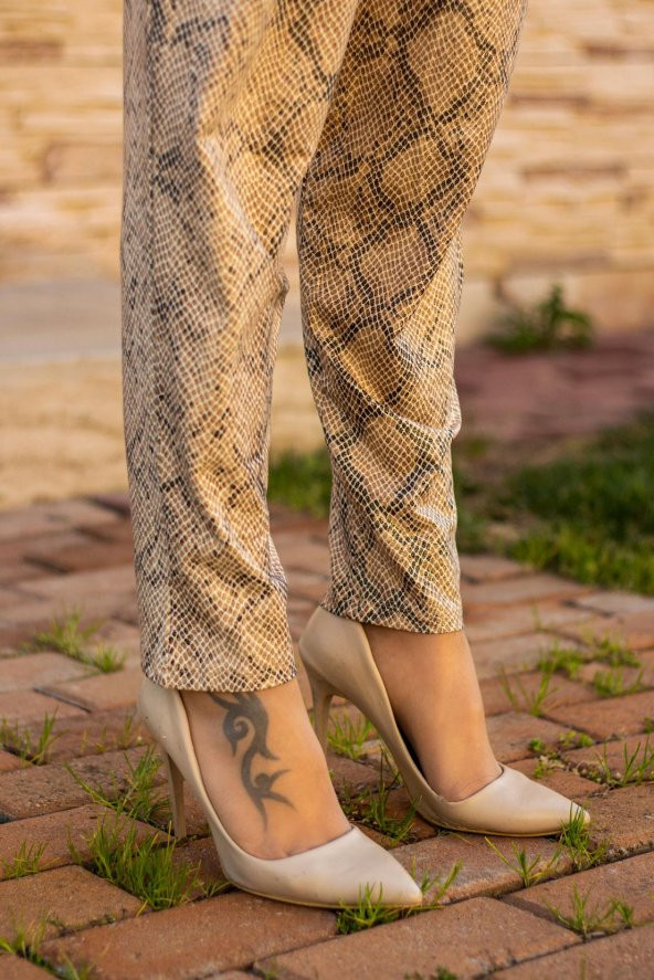 Sarı Açık Omuz Yılan Desen Esnek Viskon Bluz Şalvar Kadın Alt Üst Takım 22KAUTYILN - 6