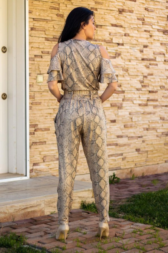 Sarı Açık Omuz Yılan Desen Esnek Viskon Bluz Şalvar Kadın Alt Üst Takım 22KAUTYILN - 7