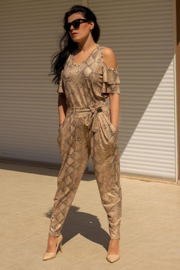 Sarı Açık Omuz Yılan Desen Esnek Viskon Bluz Şalvar Kadın Alt Üst Takım 22KAUTYILN - 8