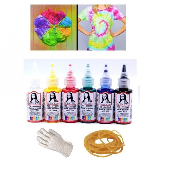 Batik Boyama Seti 6x40 ml Poşet Eldiven 10 Adet ve Para Lastik 20 Adet Set Monalisa Boyama Seti