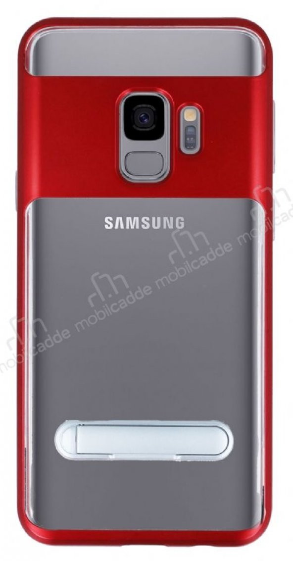 Eiroo Samsung Galaxy S9 Kırmızı Kenarlı Standlı Silikon Kılıf