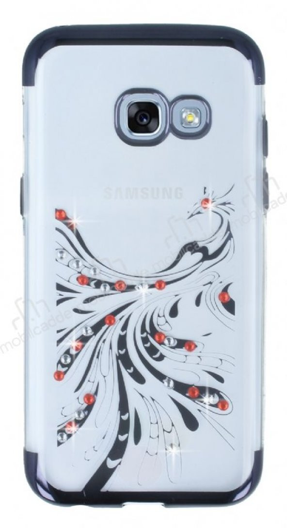 Samsung Galaxy A3 2017 Siyah Peacock Taşlı Şeffaf Silikon Kılıf