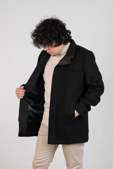 YAKALI KLASİK KESİM FERMUARLI KAŞE ERKEK KABAN - 8