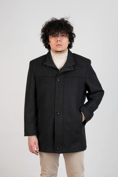 YAKALI KLASİK KESİM FERMUARLI KAŞE ERKEK KABAN - 3