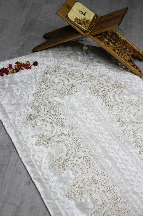 Çeyiz Diyarı Fransız Güpürlü Lisa Kadife Seccade Krem Gold - Resim 8