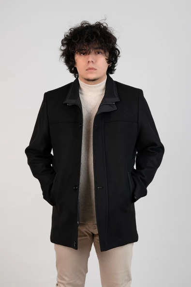 YAKALI KLASİK KESİM FERMUARLI KAŞE ERKEK KABAN - 7