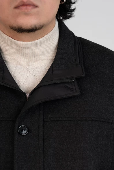 YAKALI KLASİK KESİM FERMUARLI KAŞE ERKEK KABAN - 5