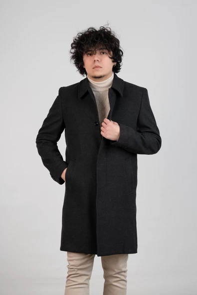 YAKALI KLASİK KESİM DÜĞMELİ UZUN KAŞE ERKEK KABAN - 5