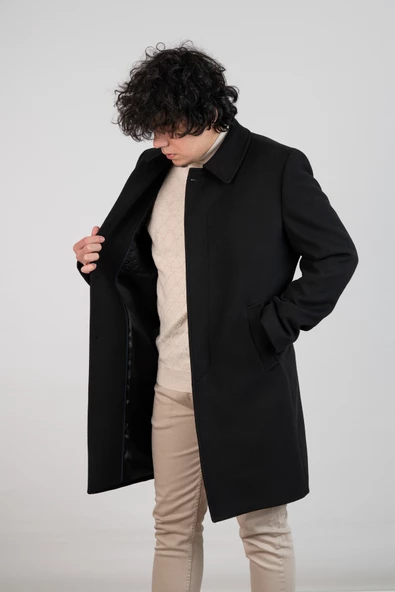 YAKALI KLASİK KESİM DÜĞMELİ UZUN KAŞE ERKEK KABAN - 9