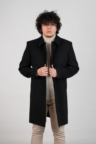 YAKALI KLASİK KESİM DÜĞMELİ UZUN KAŞE ERKEK KABAN - 8