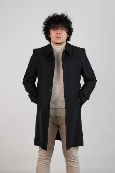 YAKALI KLASİK KESİM DÜĞMELİ UZUN KAŞE ERKEK KABAN - 4