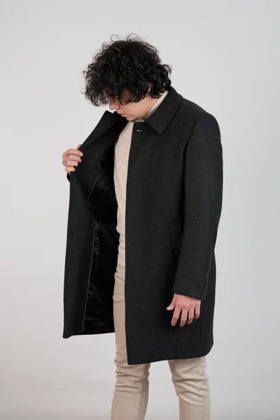 YAKALI KLASİK KESİM DÜĞMELİ UZUN KAŞE ERKEK KABAN - 3