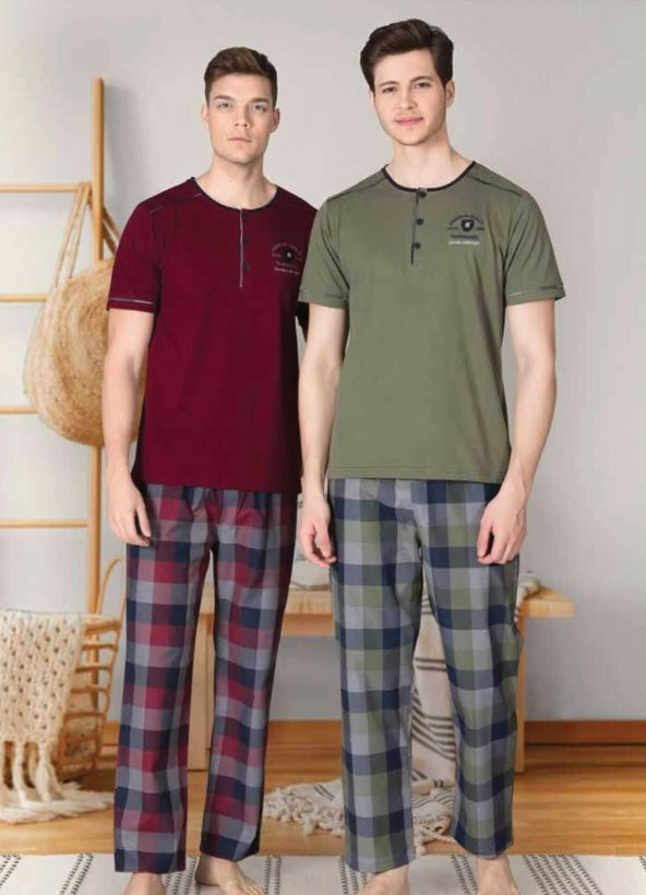 Poleren 6429 Patlı Kısa Kollu Ekoseli Erkek Pijama Takımı