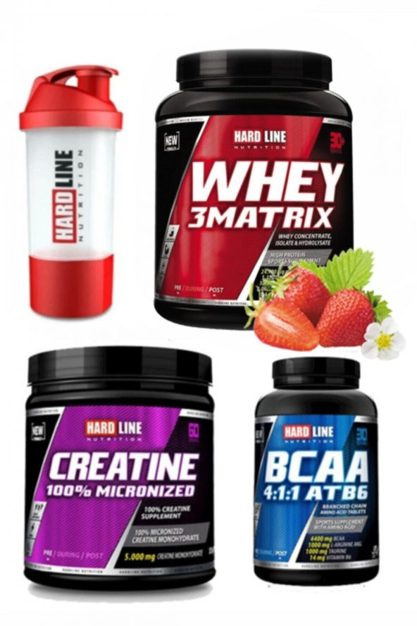 Hardline Whey 3matrix 908 G Çilek + Bcaa 4 1 1 120 Tablet + Kreatin Mikronize 300 Gr + Shaker - 1