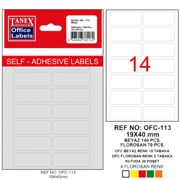 Tanex Ofis Etiketi Poşetli 19x40 MM Beyaz OFC-113 - 10 Adetli Paket - 1