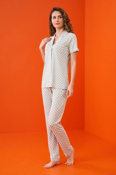 Pjs 23203 Kadın Düğmeli Desenli Pijama Takım - 3