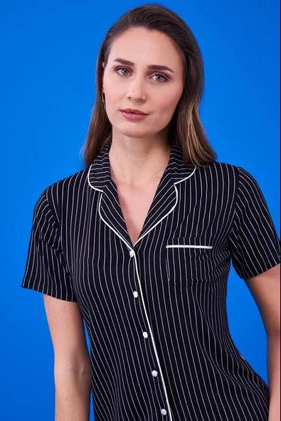 Pjs 23134 Kadın Çizgili Düğmeli Pijama Takım - 5