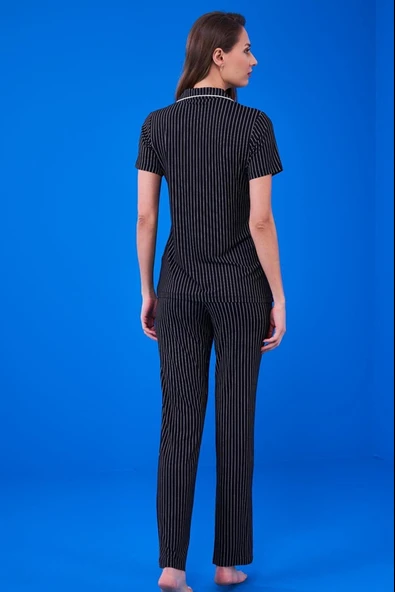 Pjs 23134 Kadın Çizgili Düğmeli Pijama Takım - 4