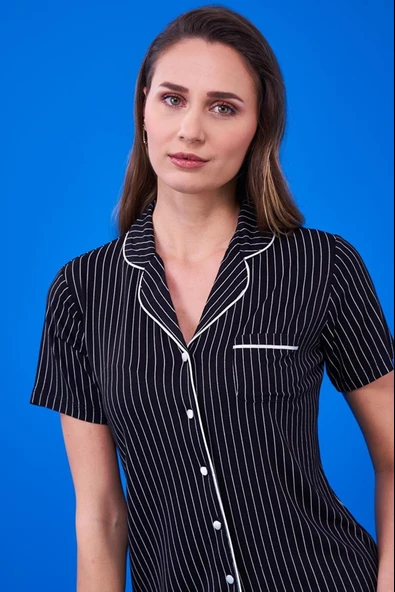 Pjs 23134 Kadın Çizgili Düğmeli Pijama Takım - 5