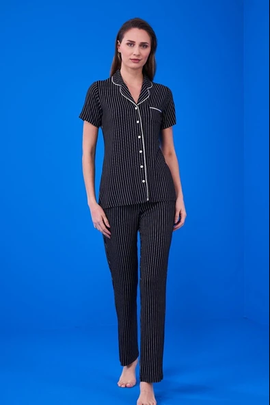 Pjs 23134 Kadın Çizgili Düğmeli Pijama Takım