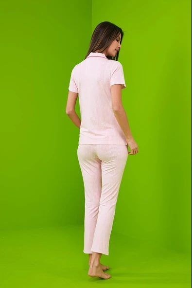 Pjs 23152 Kadın Çizgili Düğmeli Pijama Takım - 5