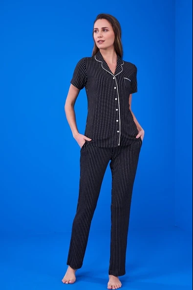 Pjs 23134 Kadın Çizgili Düğmeli Pijama Takım - 2