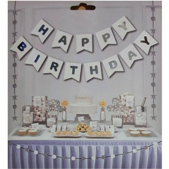 Happy Birthday Yazılı Doğum Günü Süsü Beyaz-Gümüş Flama Happy Birthday Yazılı Flama