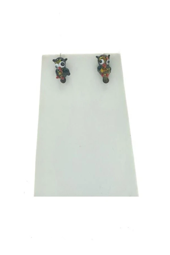 İtalya Murano Cam Siyah Baykuş Küpe - Resim 2