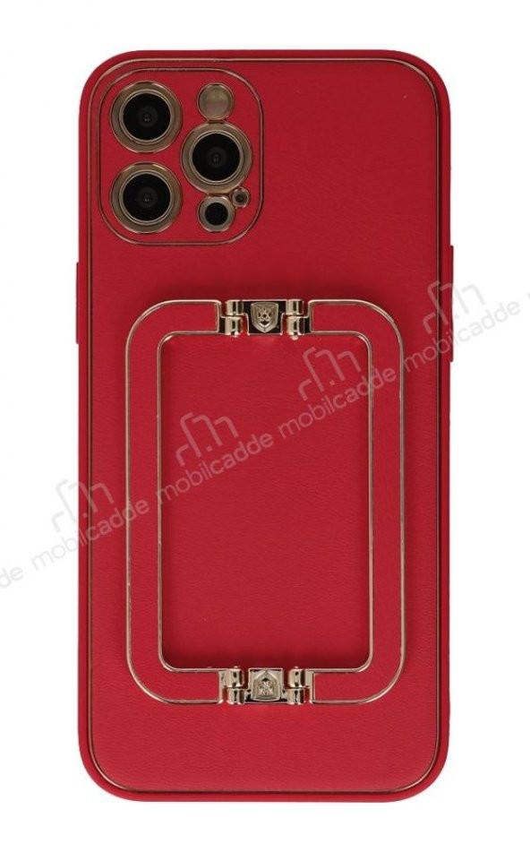 Eiroo Chic Stand iPhone 12 Pro 6.1 inç Deri Kırmızı Rubber Kılıf