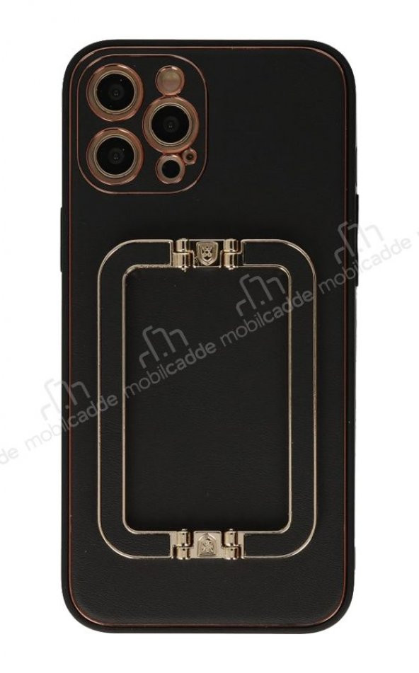 Eiroo Chic Stand iPhone 12 Pro 6.1 inç Deri Siyah Rubber Kılıf