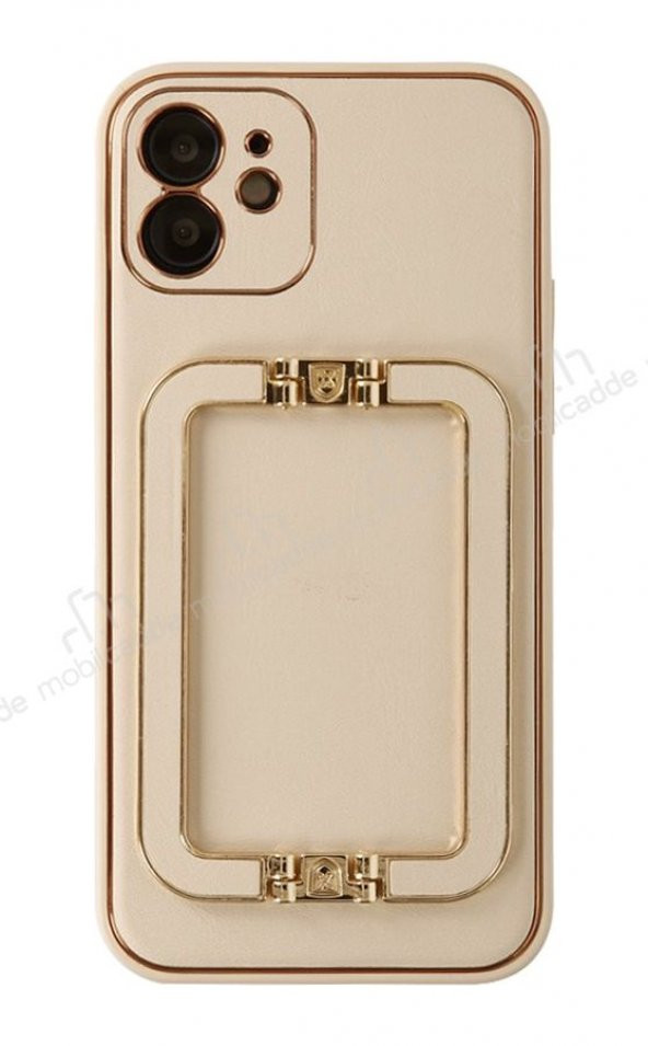 Eiroo Chic Stand iPhone 12 6.1 inç Deri Gold Rubber Kılıf