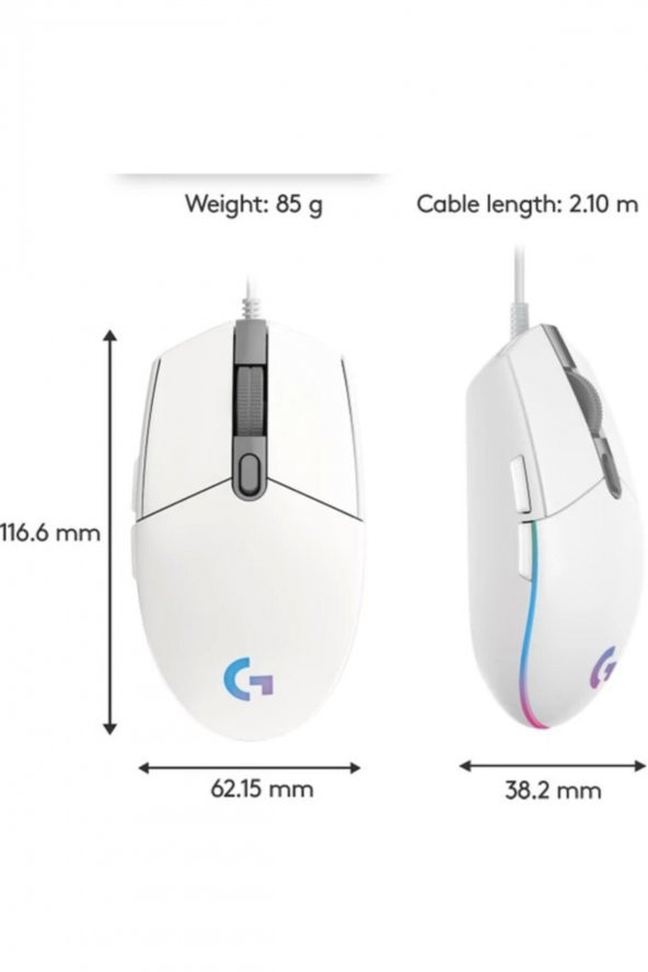 Logitech G102 Beyaz Lightsync Gaming Mouse + Oem Gaming Mouse Pad 40x30cm - 6