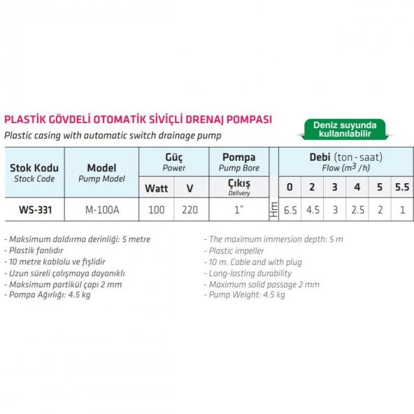 Water WS-331 Otomatik Siviçli Dalgıç Pompa 100 watt - 4