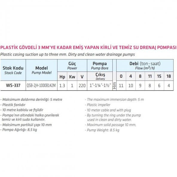 Water WS-337 Kirli-Temiz Su Dalgıç Pompa 1300 watt - 4