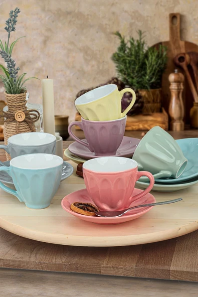 Keramika Keraart Soft Rainbow Badem Çay Fincan Takımı 12 Parça 6 Kişilik