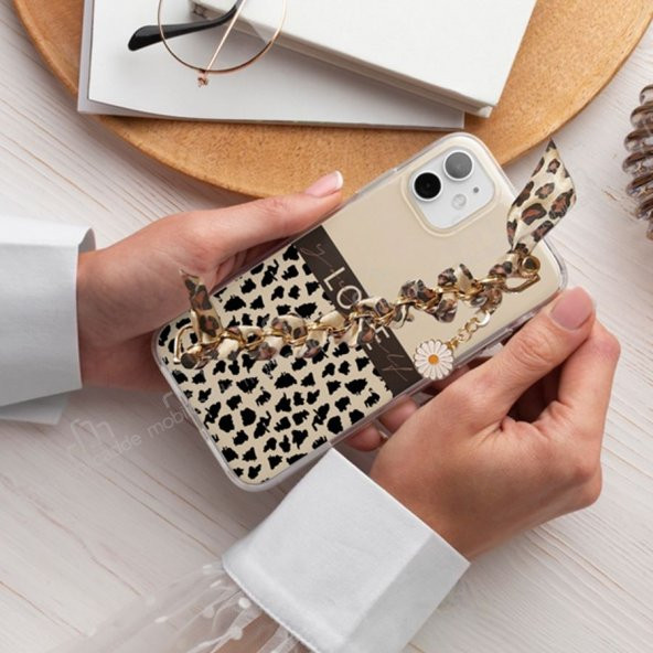 Realme C25 Kılıf Love Yourself Çiçekli Leopar Desenli Zincirli - 2