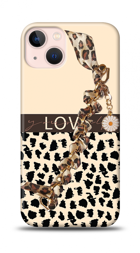 iPhone 13 Mini Kılıf Love Yourself Çiçekli Leopar Desenli Zincirli