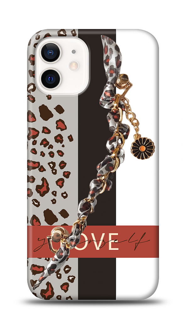 iPhone 12 / iPhone 12 Pro 6.1 inç Kılıf Love Yourself Çiçekli Leopar Desenli Zincirli