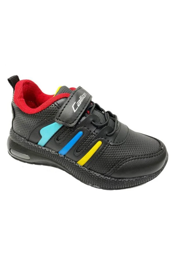 Callion 02-21 Işıklı Deri Cırtlı Patik Çocuk Spor Ayakkabı Siyah Kırmızı