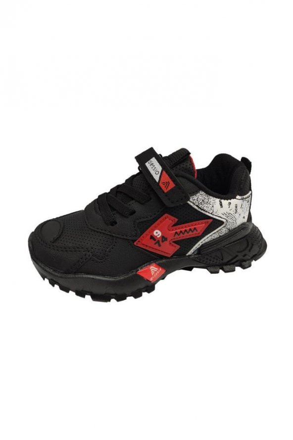 Alessio 2303 Deri Cırtlı Patik Çocuk Spor Ayakkabı Siyah Kırmızı Beyaz