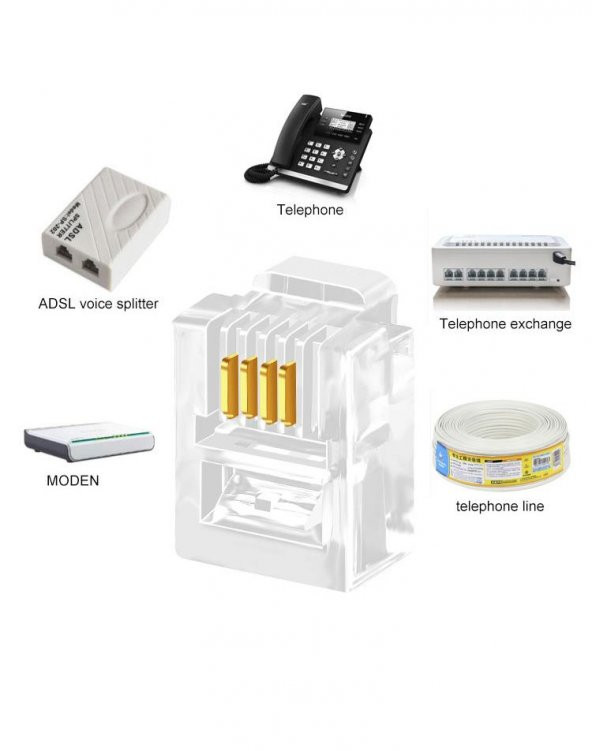 PrimeX PX-6P4C RJ11 4 Pinli Konnektör, RJ11 Jack, 6P4C Jack, RJ11 Telefon Kablo Ucu 100 lü Paket - 4